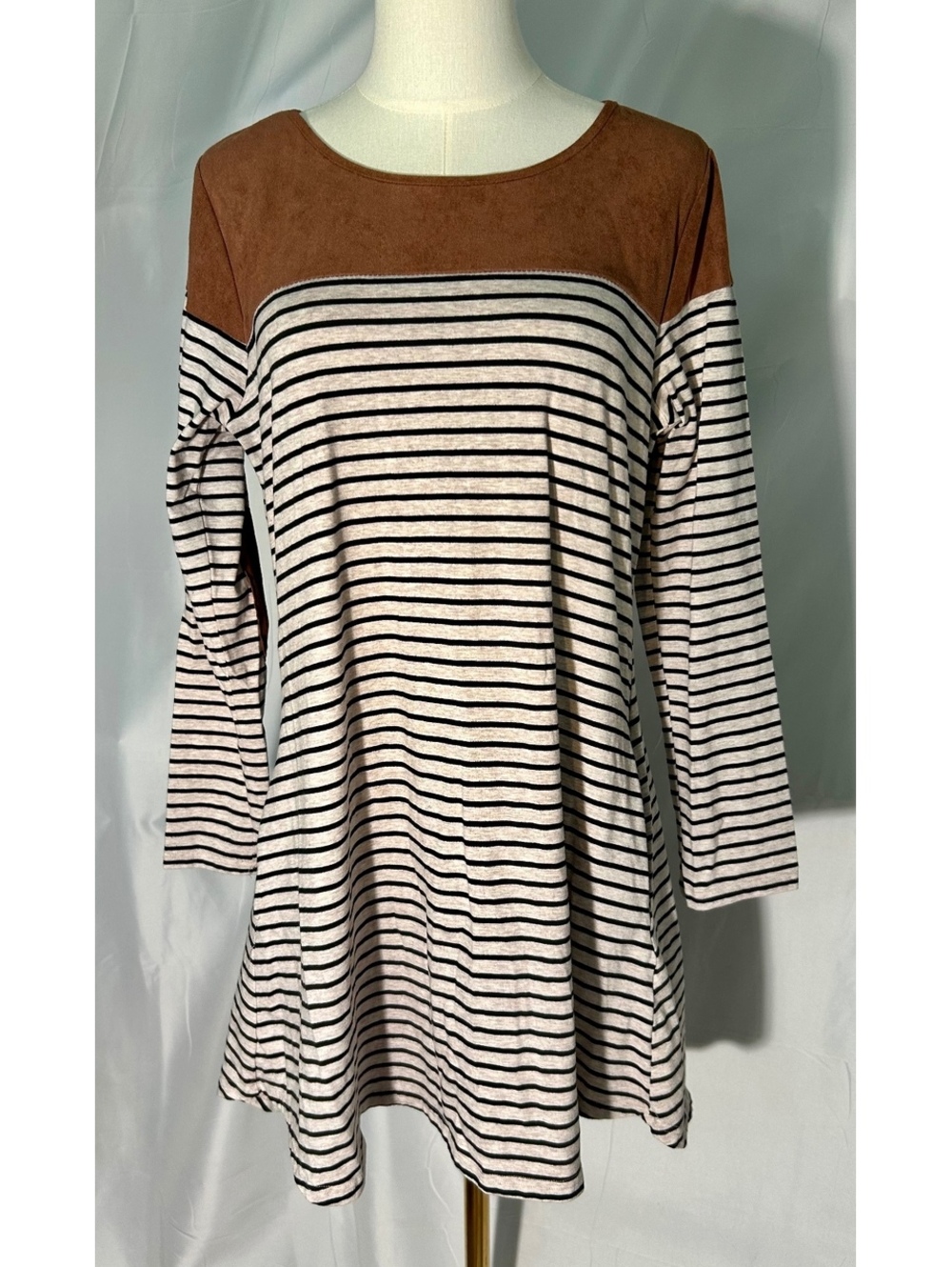 Umgee USA S Striped Tunic Dress Brown Faux Suede Elbow Patch Boho Western